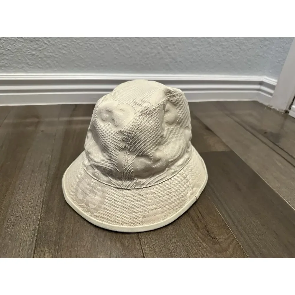 AUTHENTIC GUCCI JUMBO GG BUCKET HAT IVORY/CREAM MONOGRAM 651256 SZ M 57